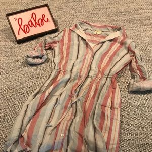 Striped Button Up Shirt Dress Drawstring Waist